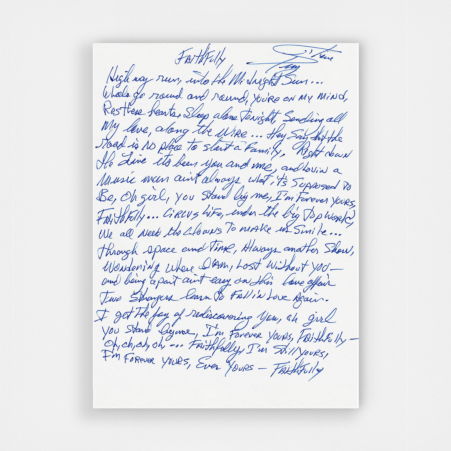 Journey Lyric Sheet - “Faithfully ”  HANDWRITTEN