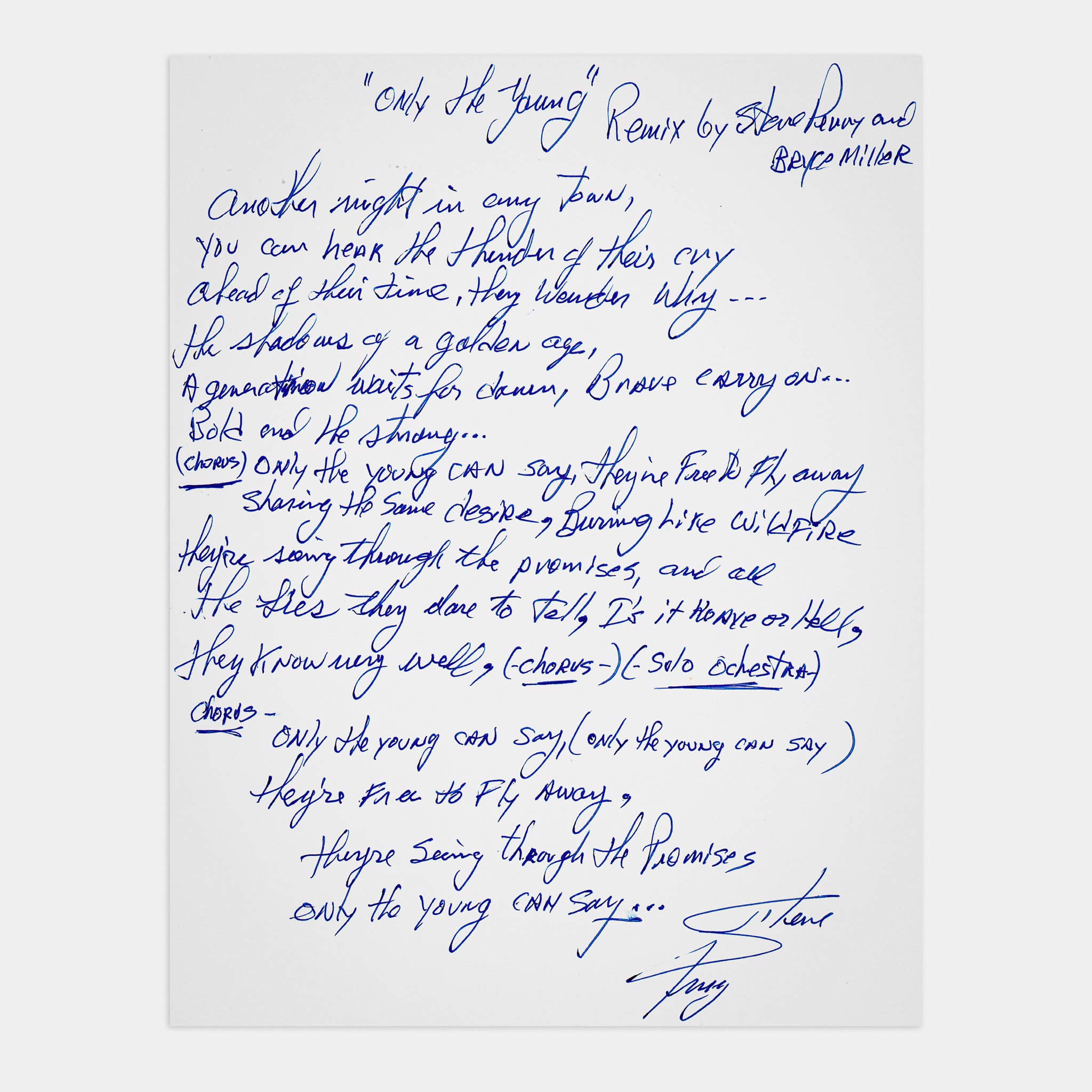 Only The Young (Journey) – Handwritten & SIGNED Lyrics